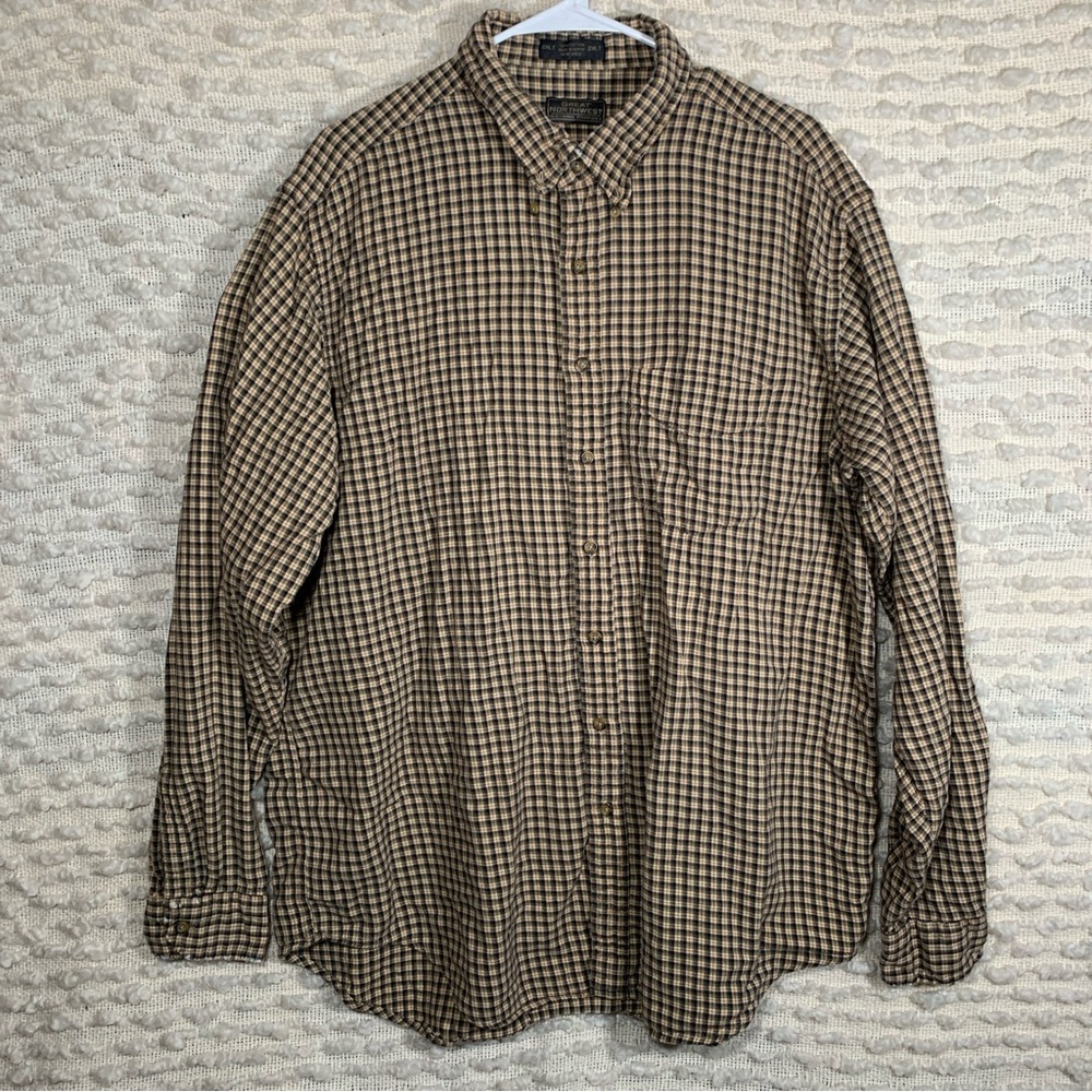 GREAT NORTHWEST PLAID FLANNEL 2XLT BROWN TAN LONG SLEEVE BUTTON‎ DOWN